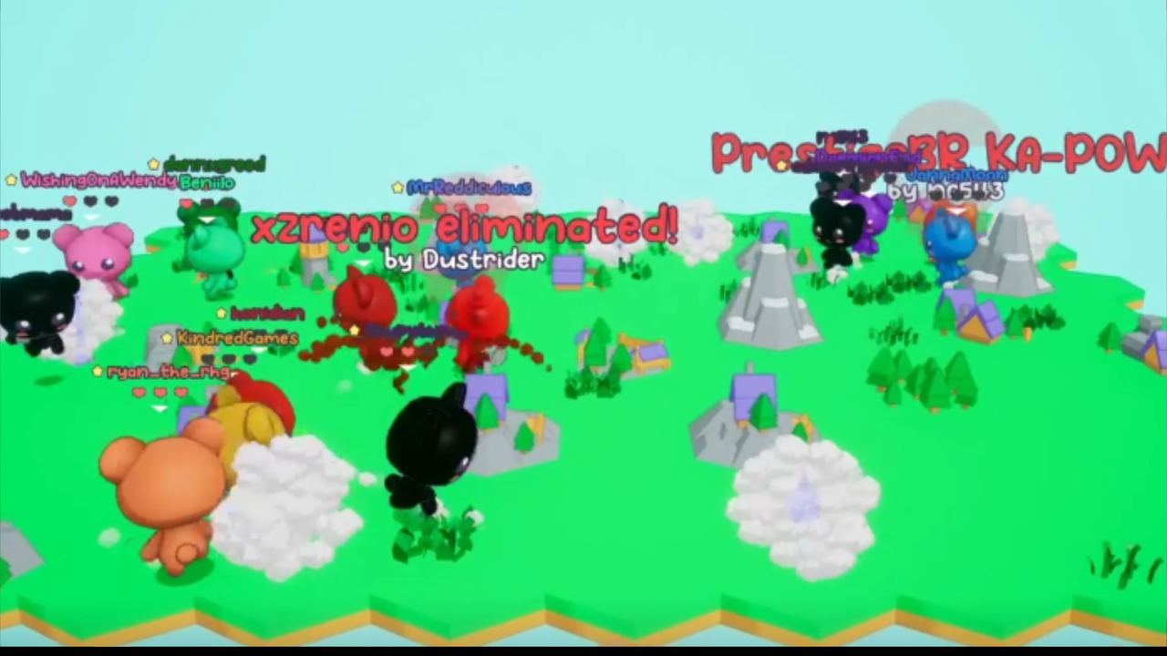 Dozens of colourful bears battling on a grassy island, one just eliminated