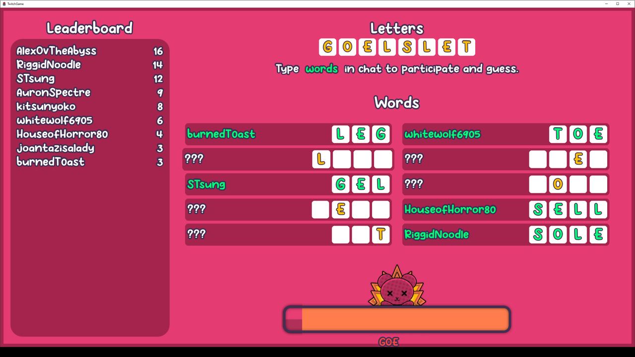Word Guesser board with shuffled letters, hidden words and a chat leaderboard